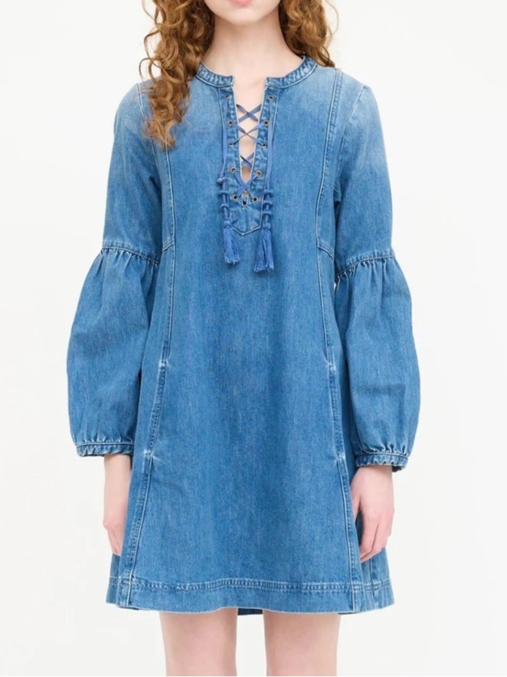 Ulla Johnson denim tie front puff sleeve mini dress Derren size 0 loose fit